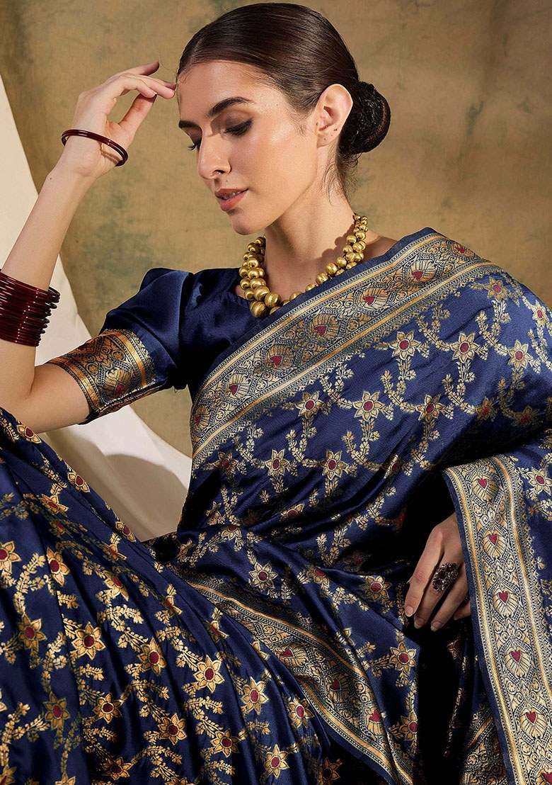 Navy Blue Embroidered Silk Blend Saree Set for Diwali and Festive Wear - Indya