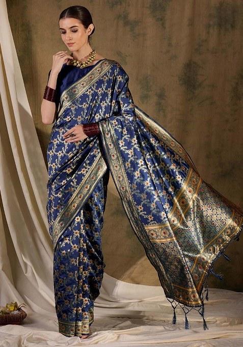 Navy Blue Embroidered Silk Saree Set