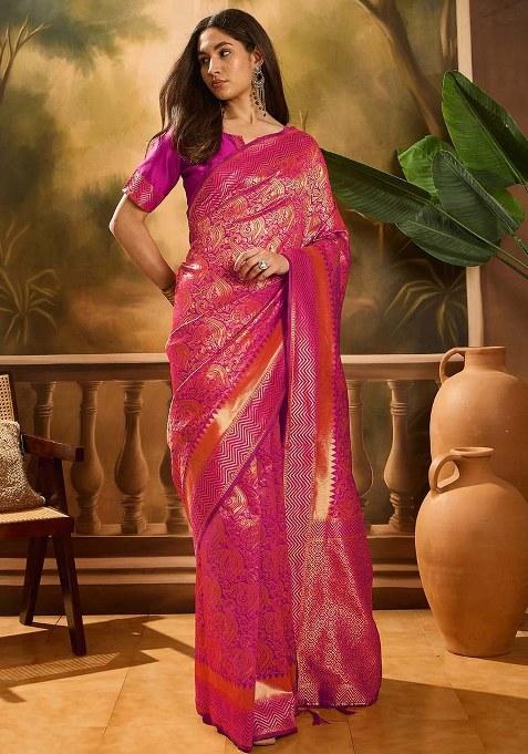 Pink Embroidered Silk Saree Set