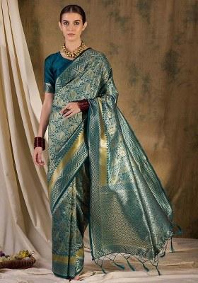 Teal Blue Embroidered Silk Saree Set