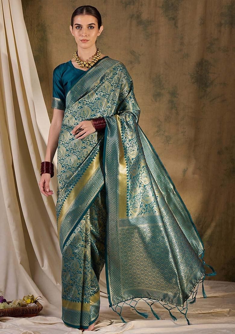 Teal Blue Embroidered Silk Saree Set