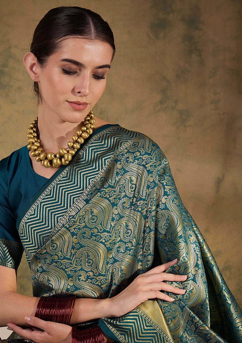Teal Blue Embroidered Silk Saree Set