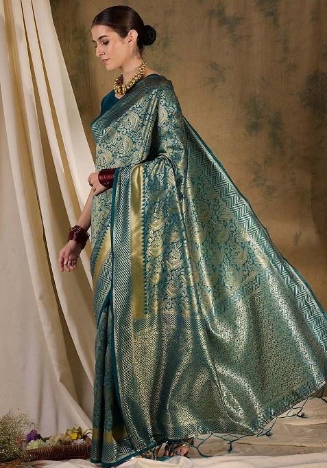 Teal Blue Embroidered Silk Saree Set