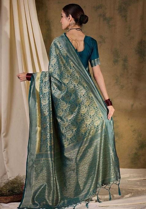 Teal Blue Embroidered Silk Saree Set