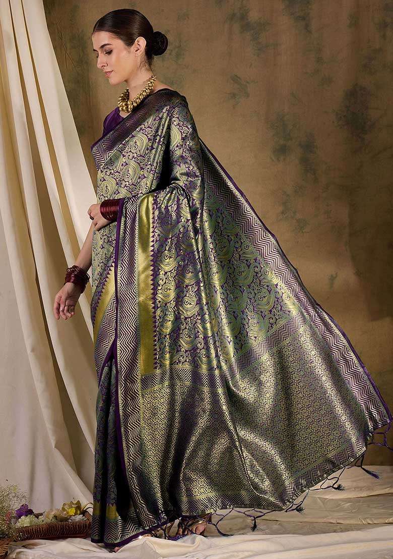 Burgundy Silk Blend Saree Set with Embroidered for Diwali | Wedding & Festive Wear - Indya