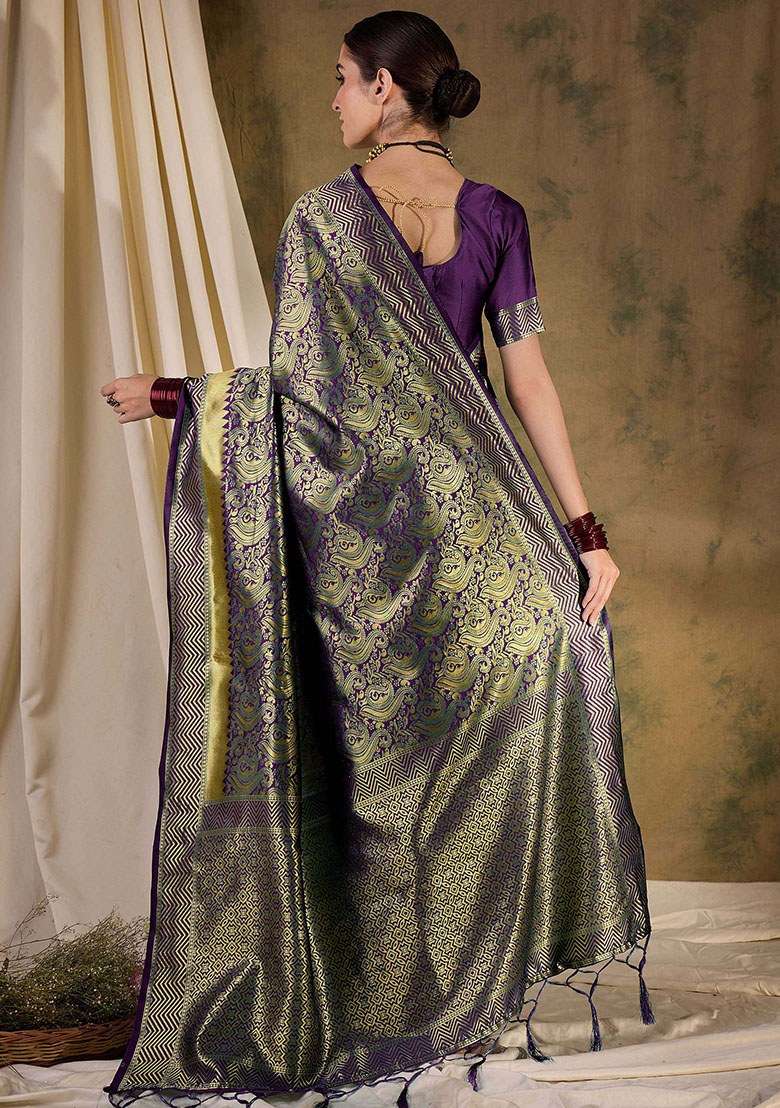 Burgundy Silk Blend Saree Set with Embroidered for Diwali | Wedding & Festive Wear - Indya