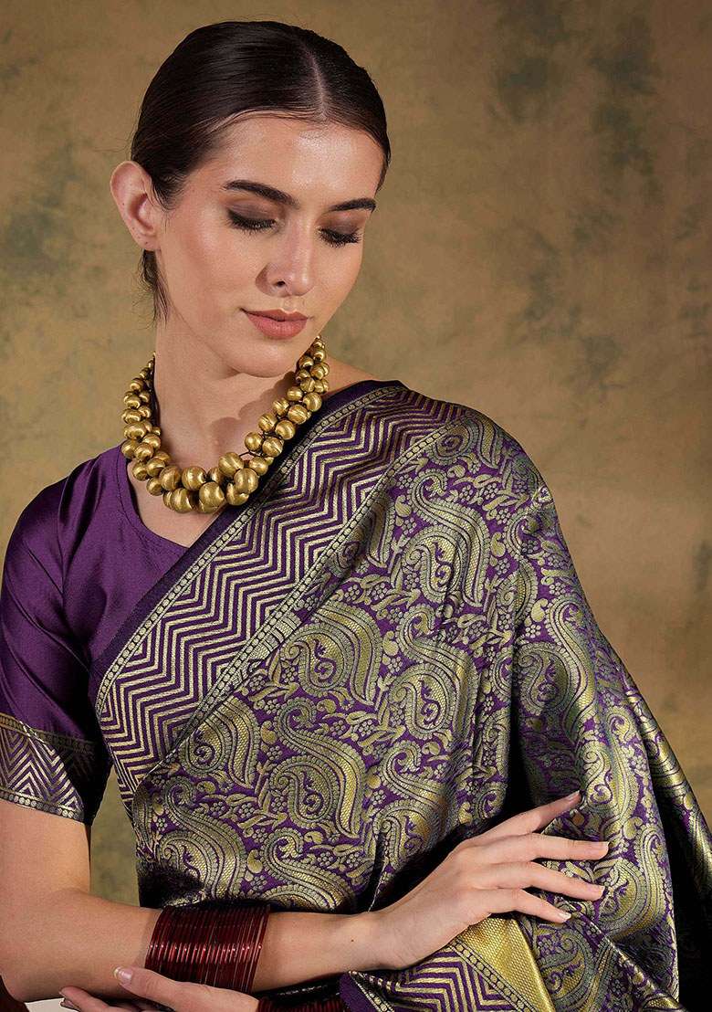 Burgundy Silk Blend Saree Set with Embroidered for Diwali | Wedding & Festive Wear - Indya