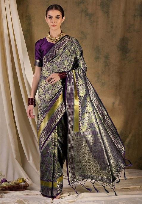 Burgundy Embroidered Silk Saree Set