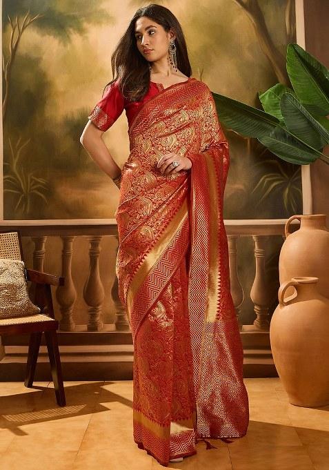 Red Embroidered Silk Saree Set