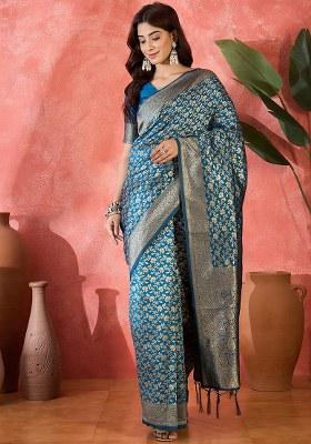 Petrol Blue Embroidered Silk Saree Set