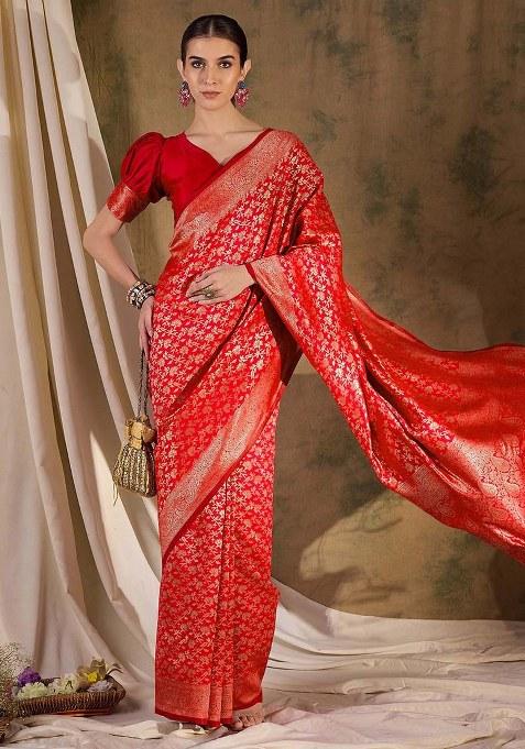 Red Embroidered Silk Saree Set