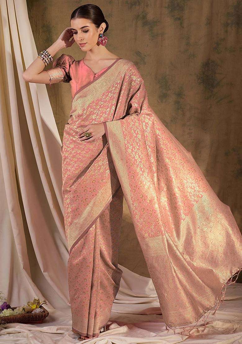 Peach Embroidered Silk Blend Saree Set for Diwali and Festive Wear - Indya