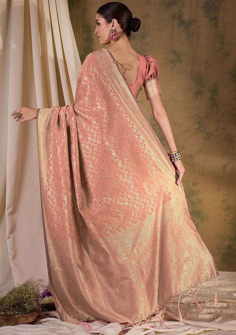Peach Embroidered Silk Blend Saree Set for Diwali and Festive Wear - Indya