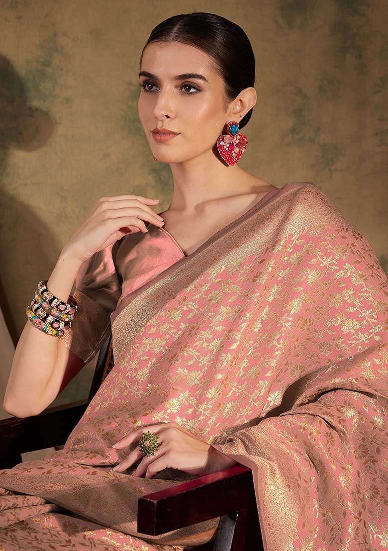Peach Embroidered Silk Blend Saree Set for Diwali and Festive Wear - Indya
