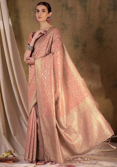 Peach Embroidered Silk Saree Set