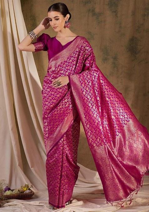 Pink Embroidered Silk Saree Set