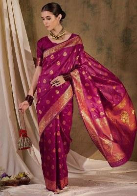 Magenta Embroidered Silk Blend Saree Set