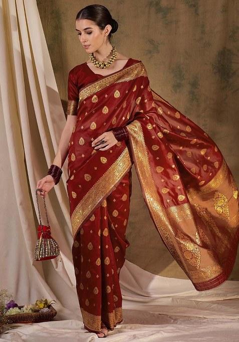 Maroon Embroidered Silk Saree Set