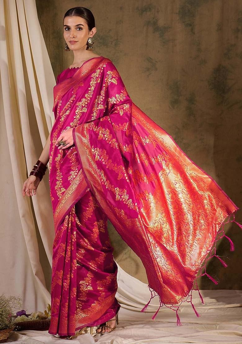 Pink Embroidered Silk Saree Set