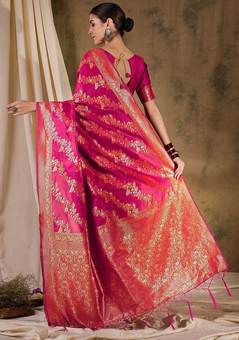 Pink Embroidered Silk Saree Set