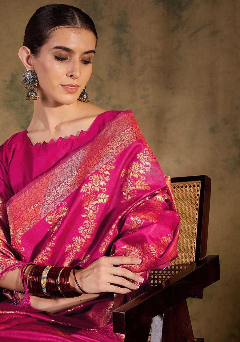 Pink Embroidered Silk Saree Set