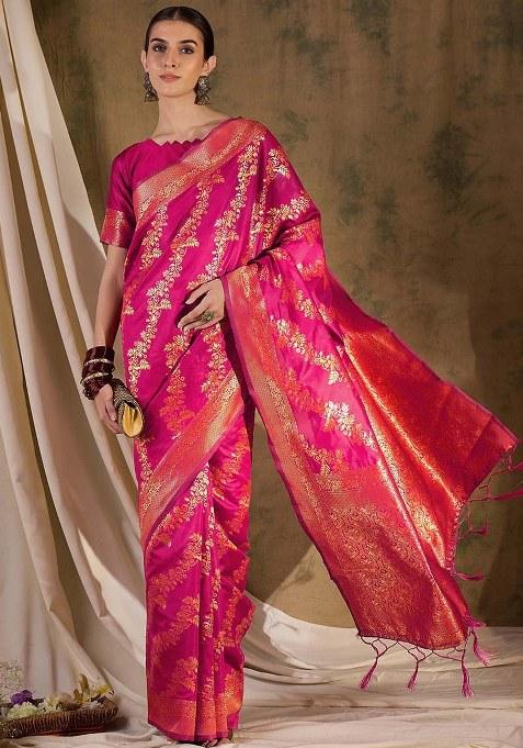 Pink Embroidered Silk Saree Set