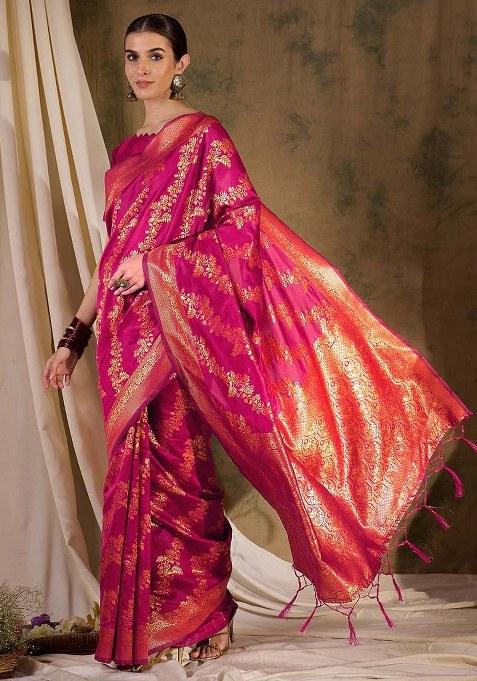 Pink Embroidered Silk Saree Set