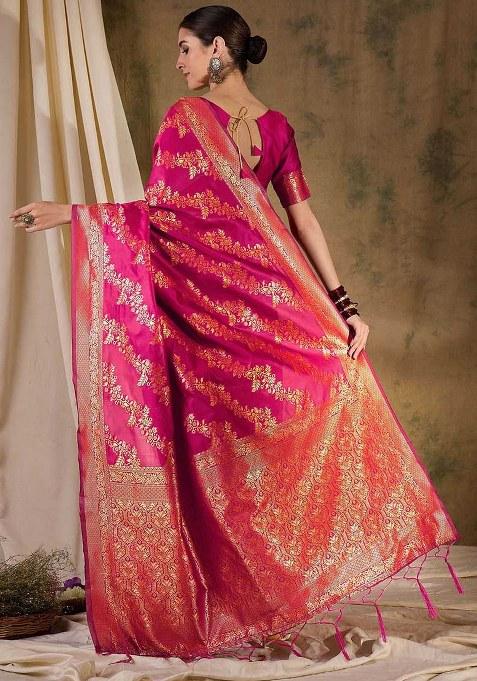 Pink Embroidered Silk Saree Set
