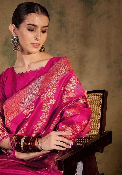 Pink Embroidered Silk Saree Set