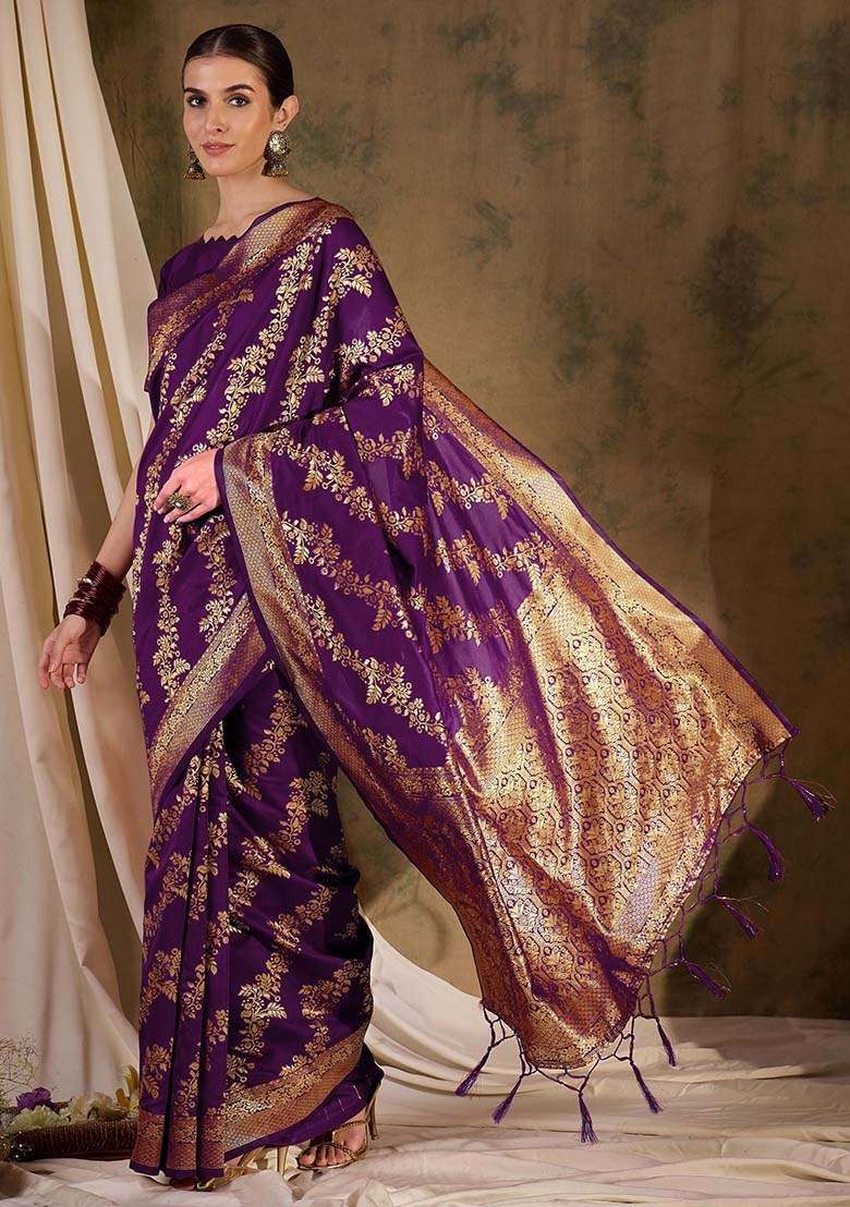 Wine Embroidered Silk Blend Saree Set for Diwali and Festive Wear - Indya