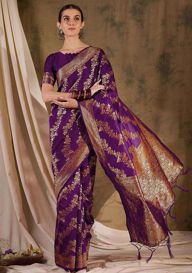 Wine Embroidered Silk Blend Saree Set for Diwali and Festive Wear - Indya