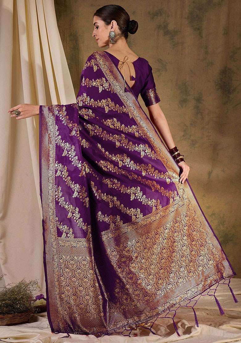 Wine Embroidered Silk Blend Saree Set for Diwali and Festive Wear - Indya