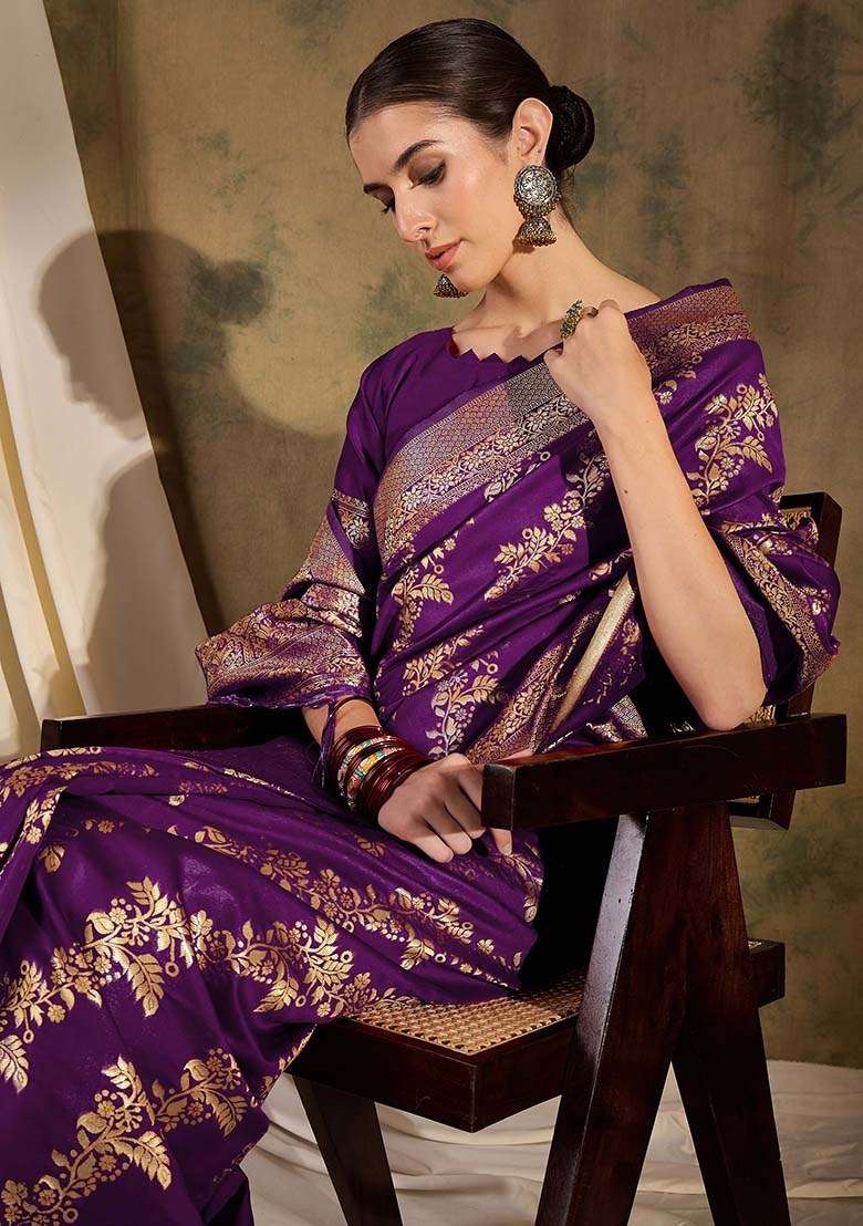 Wine Embroidered Silk Blend Saree Set for Diwali and Festive Wear - Indya