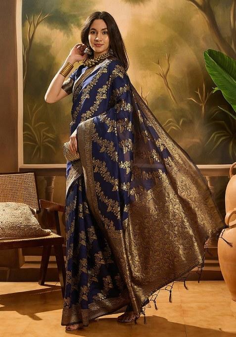 Navy Blue Embroidered Silk Saree Set