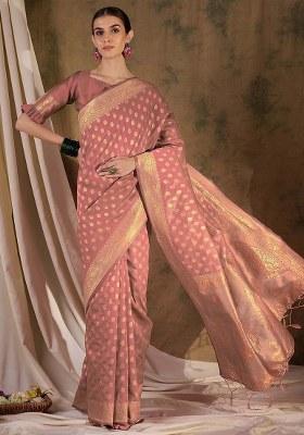 Peach Embroidered Silk Saree Set