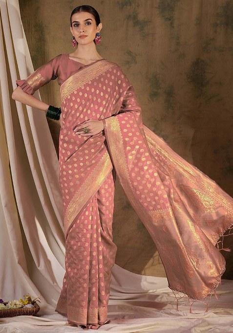 Peach Embroidered Silk Saree Set