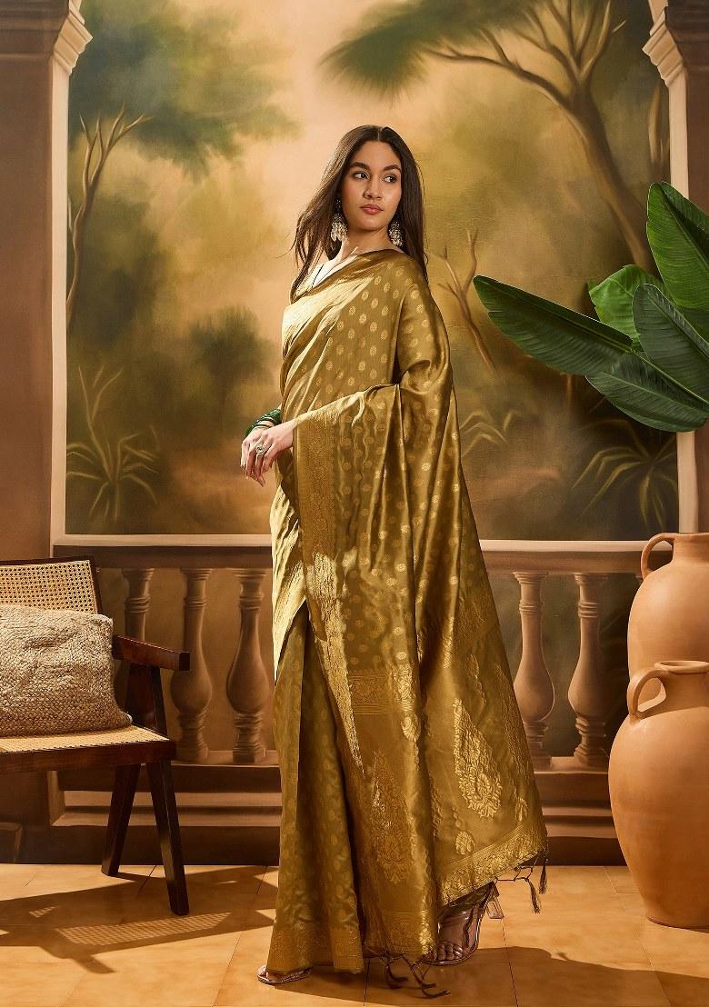 Beige Embroidered Silk Saree Set - Indya