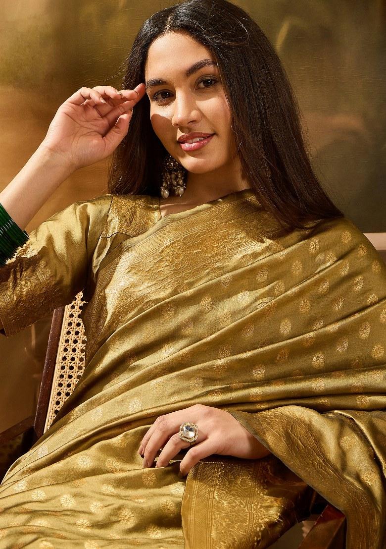 Beige Embroidered Silk Saree Set - Indya