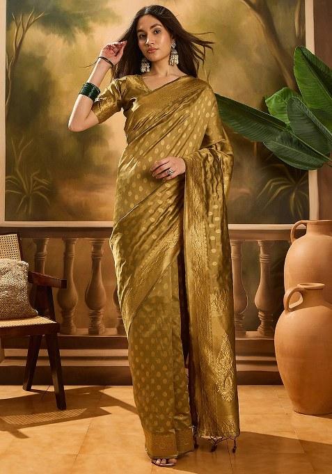 Beige Embroidered Silk Saree Set