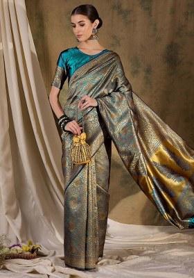 Sky Blue Embroidered Silk Saree Set