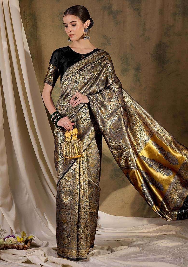 Black Silk Blend Saree Set with Embroidered for Diwali | Wedding & Festive Wear - Indya