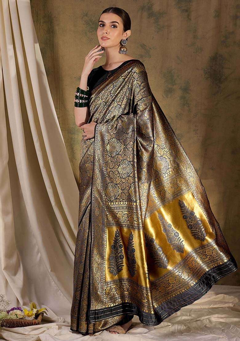 Black Silk Blend Saree Set with Embroidered for Diwali | Wedding & Festive Wear - Indya