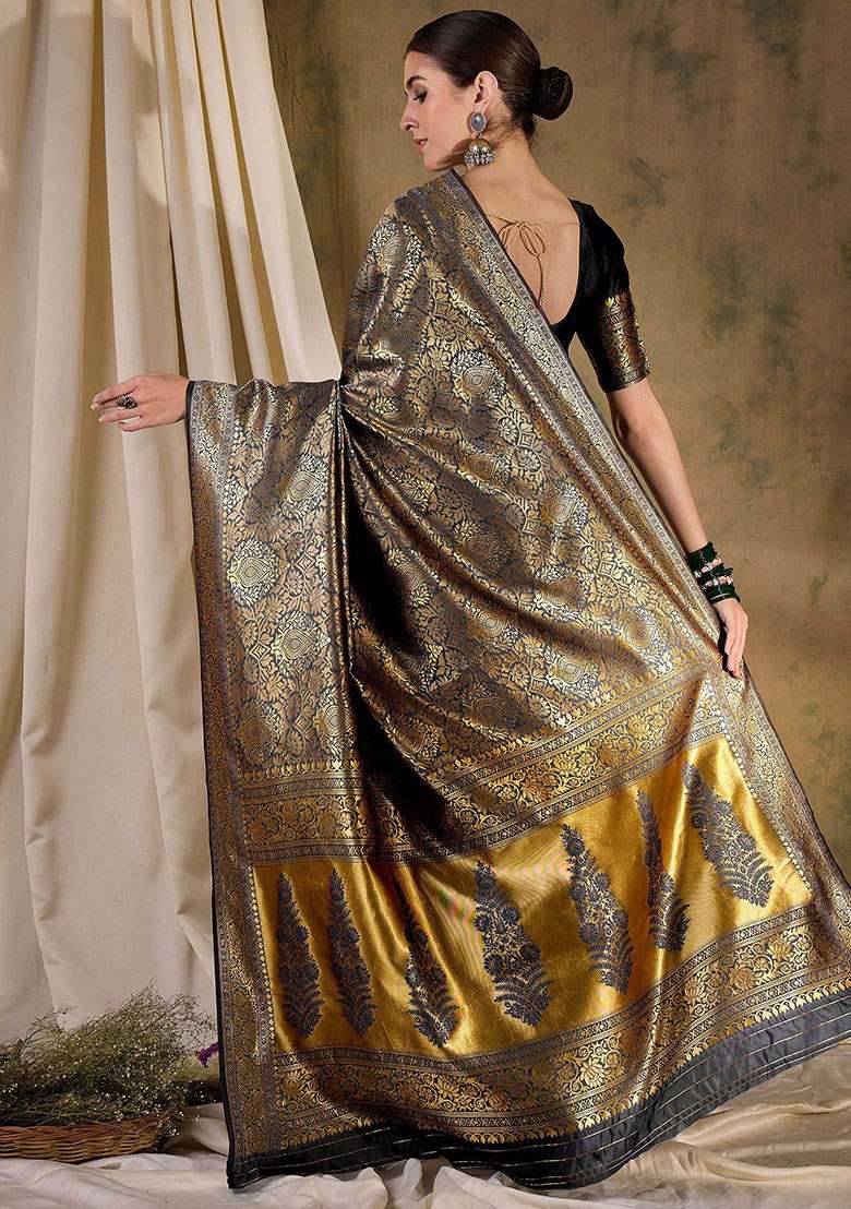 Black Silk Blend Saree Set with Embroidered for Diwali | Wedding & Festive Wear - Indya