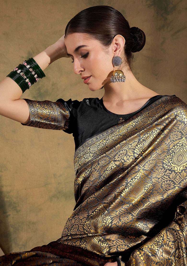 Black Silk Blend Saree Set with Embroidered for Diwali | Wedding & Festive Wear - Indya