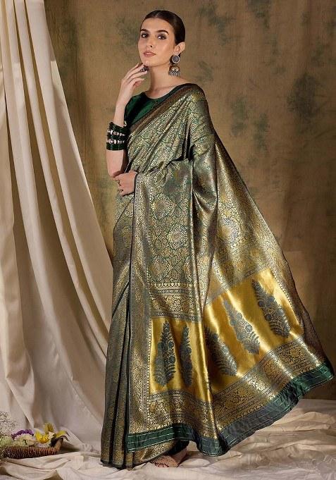 Green Embroidered Silk Saree Set