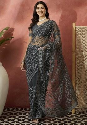 Dark Grey Embroidered Net Saree Set