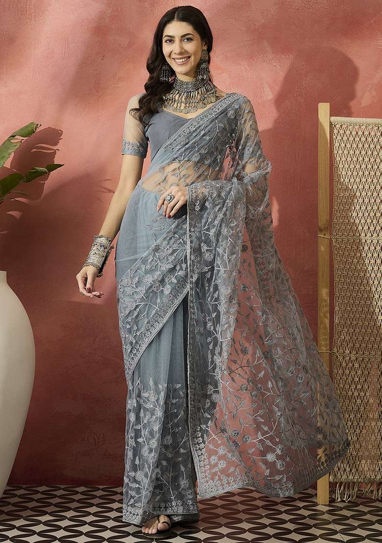 Light Grey Embroidered Net Saree Set for Diwali and Festive Wear - Indya