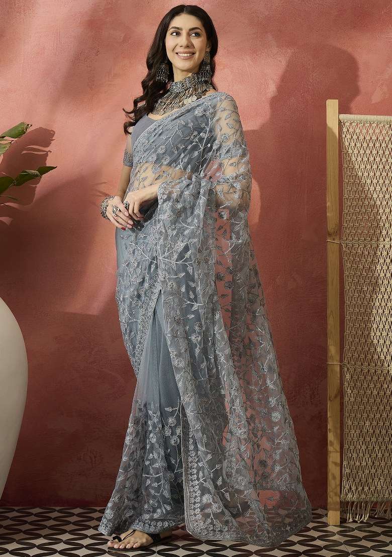 Light Grey Embroidered Net Saree Set for Diwali and Festive Wear - Indya