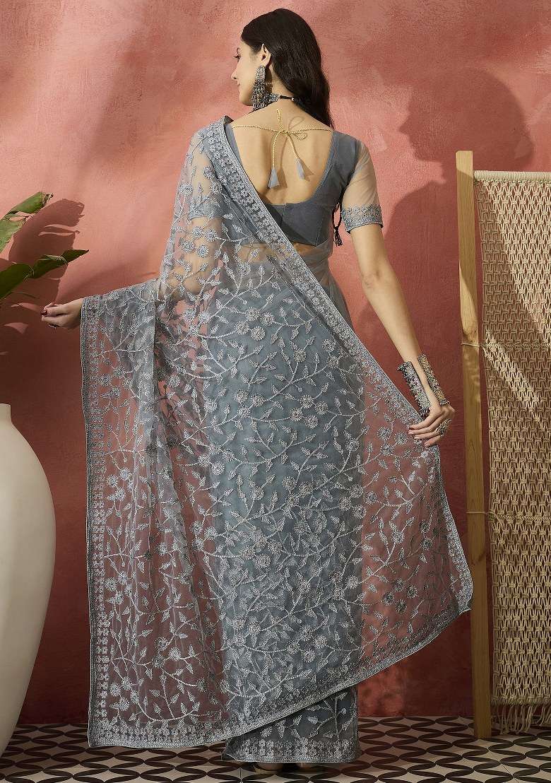 Light Grey Embroidered Net Saree Set for Diwali and Festive Wear - Indya