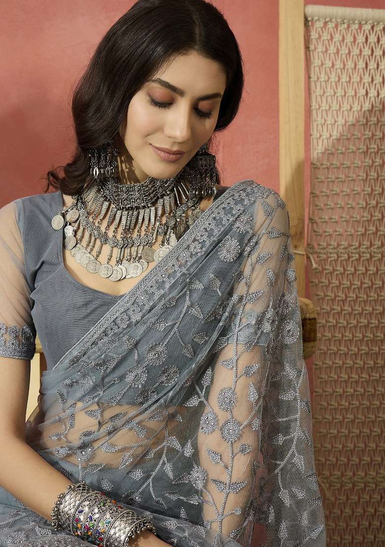 Light Grey Embroidered Net Saree Set for Diwali and Festive Wear - Indya